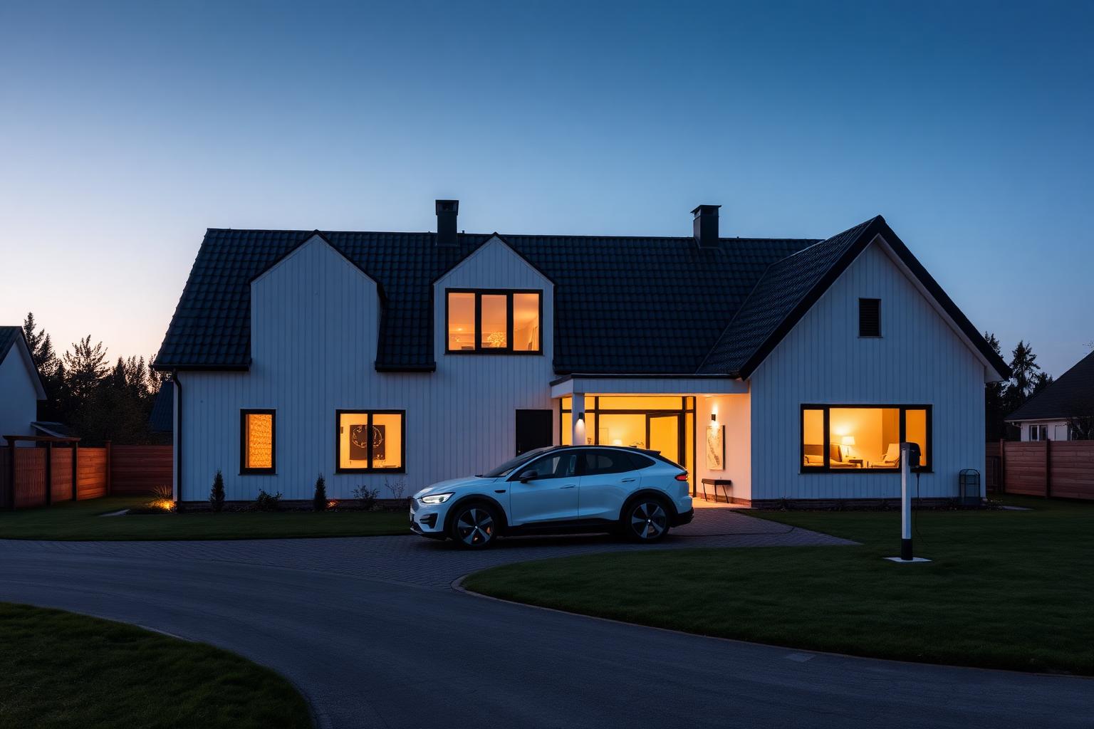 Modern svensk villa på kvällen med elbil på uppfarten